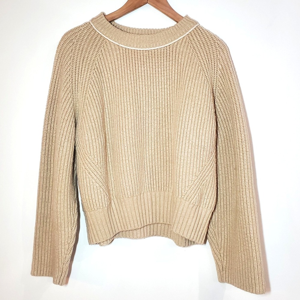 H&M Wool Blend Ribbed Knit Sweater Beige Crew Neck Contrast Piping Size L Cozy
